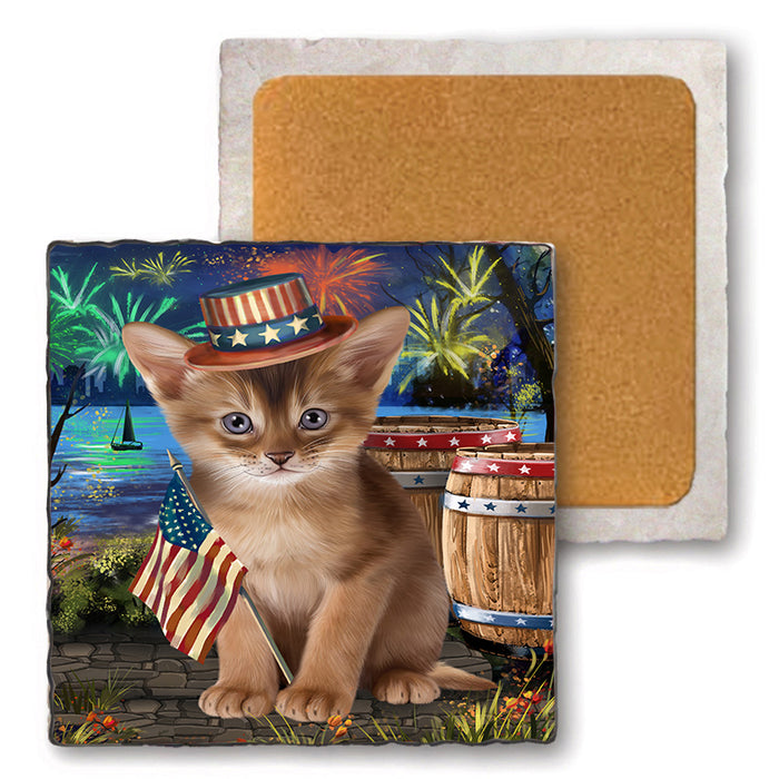 4th of July Independence Day Firework Abyssinian Cat Set of 4 Natural Stone Marble Tile Coasters MCST49030