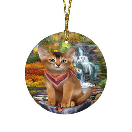 Scenic Waterfall Abyssinian Cat Round Flat Christmas Ornament RFPOR54780