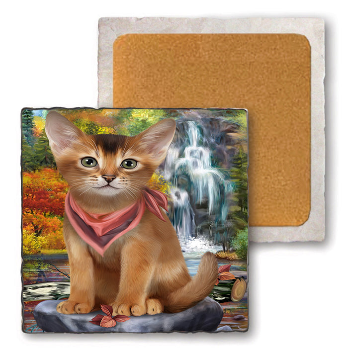 Scenic Waterfall Abyssinian Cat Set of 4 Natural Stone Marble Tile Coasters MCST49661