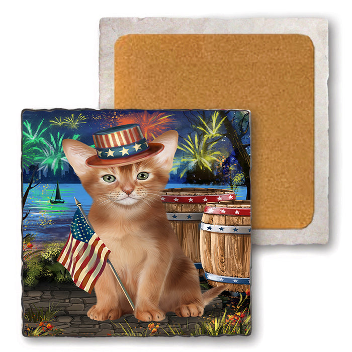 4th of July Independence Day Firework Abyssinian Cat Set of 4 Natural Stone Marble Tile Coasters MCST49031