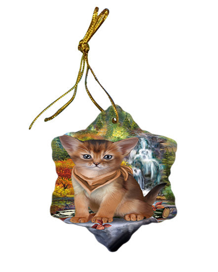 Scenic Waterfall Abyssinian Cat Star Porcelain Ornament SPOR54781
