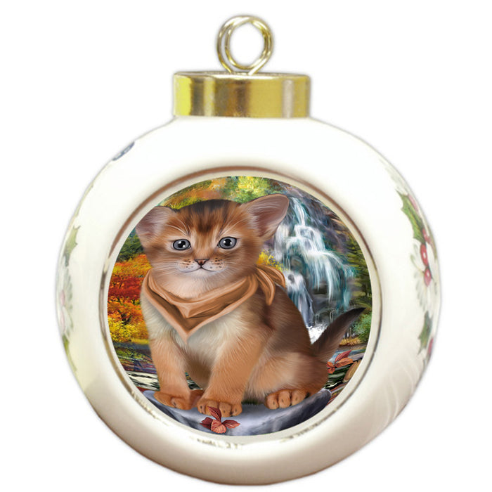 Scenic Waterfall Abyssinian Cat Round Ball Christmas Ornament RBPOR54790