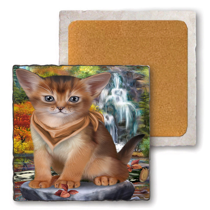 Scenic Waterfall Abyssinian Cat Set of 4 Natural Stone Marble Tile Coasters MCST49662