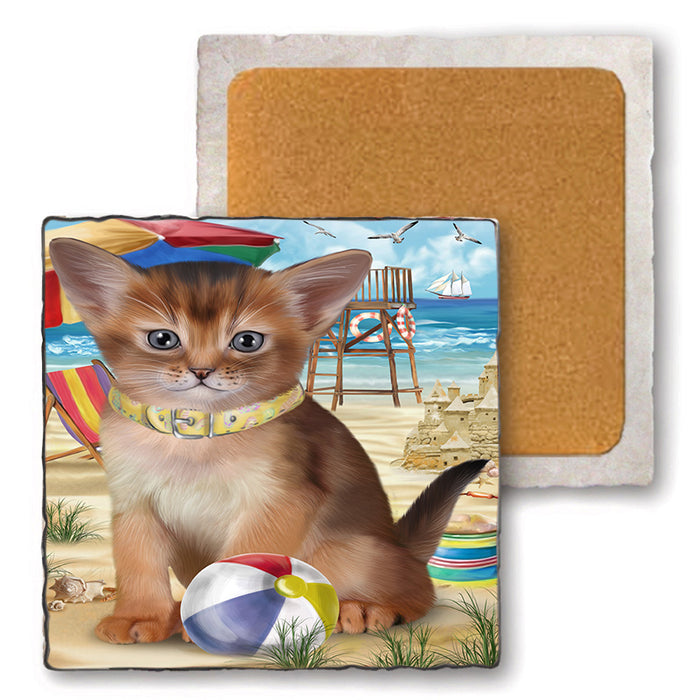 Pet Friendly Beach Abyssinian Cat Set of 4 Natural Stone Marble Tile Coasters MCST49159