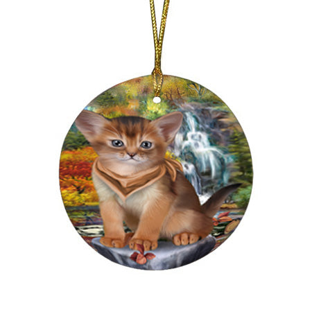 Scenic Waterfall Abyssinian Cat Round Flat Christmas Ornament RFPOR54781