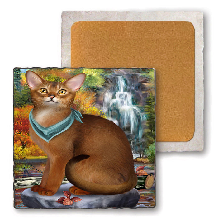 Scenic Waterfall Abyssinian Cat Set of 4 Natural Stone Marble Tile Coasters MCST49663