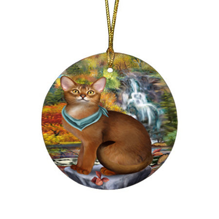 Scenic Waterfall Abyssinian Cat Round Flat Christmas Ornament RFPOR54782