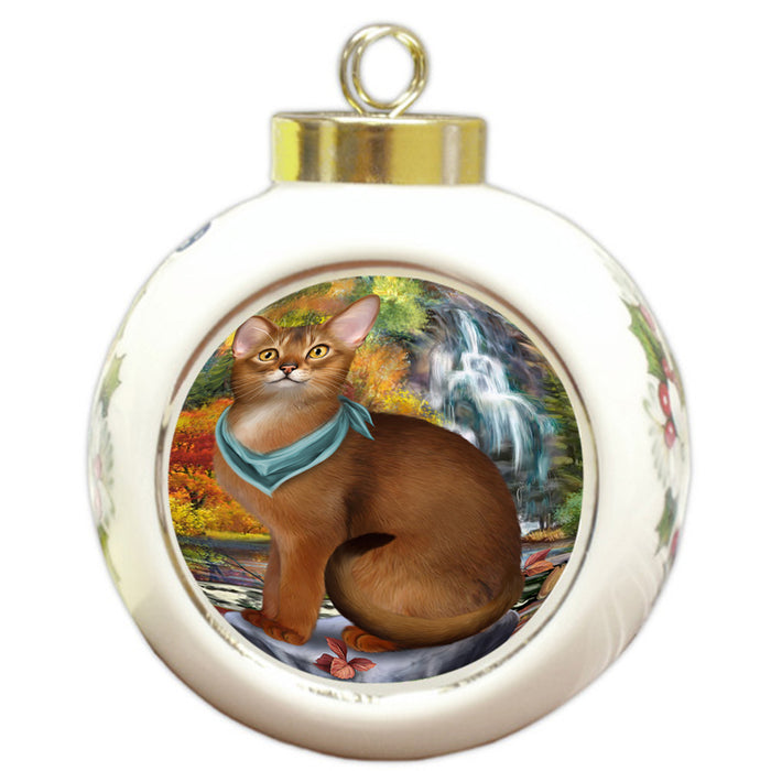 Scenic Waterfall Abyssinian Cat Round Ball Christmas Ornament RBPOR54791