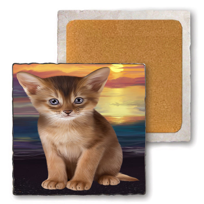 Abyssinian Cat Set of 4 Natural Stone Marble Tile Coasters MCST49614