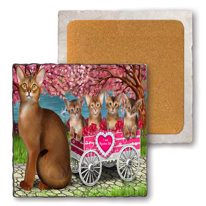 I Love Abyssinian Cats in a Cart Set of 4 Natural Stone Marble Tile Coasters MCST49209