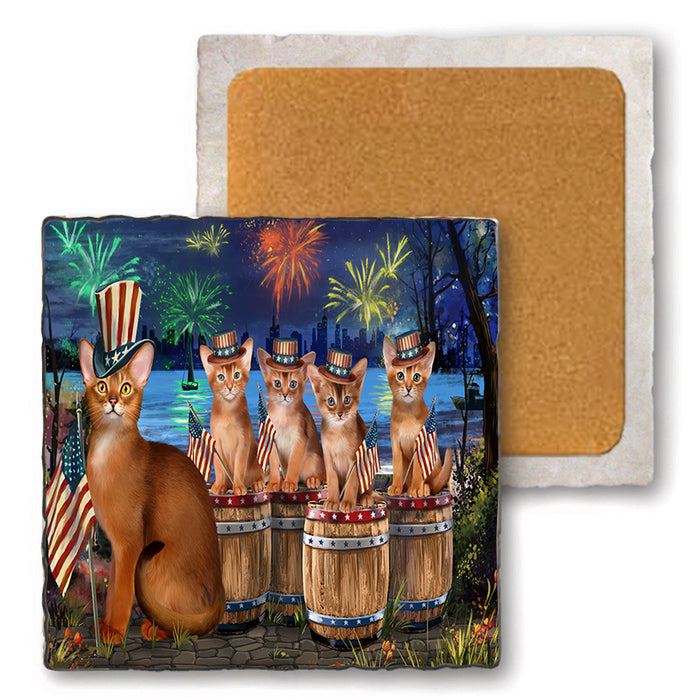 4th of July Independence Day Firework Abyssinian Cats Set of 4 Natural Stone Marble Tile Coasters MCST49106