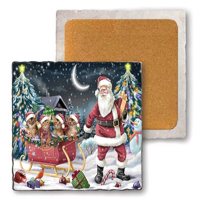 Santa Sled Christmas Happy Holidays Abyssinian Cats Set of 4 Natural Stone Marble Tile Coasters MCST49376