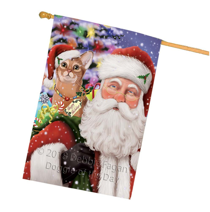 Santa Carrying Abyssinian Cat and Christmas Presents House Flag FLG55903
