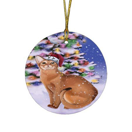 Winterland Wonderland Abyssinian Cat In Christmas Holiday Scenic Background Round Flat Christmas Ornament RFPOR56030