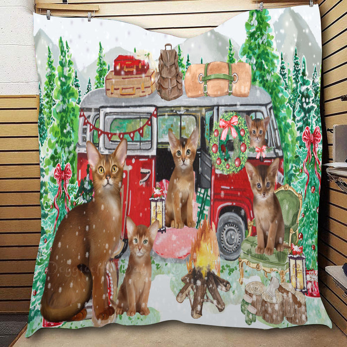 Christmas Time Camping with Abyssinian Cats  Quilt Bed Coverlet Bedspread - Pets Comforter Unique One-side Animal Printing - Soft Lightweight Durable Washable Polyester Quilt