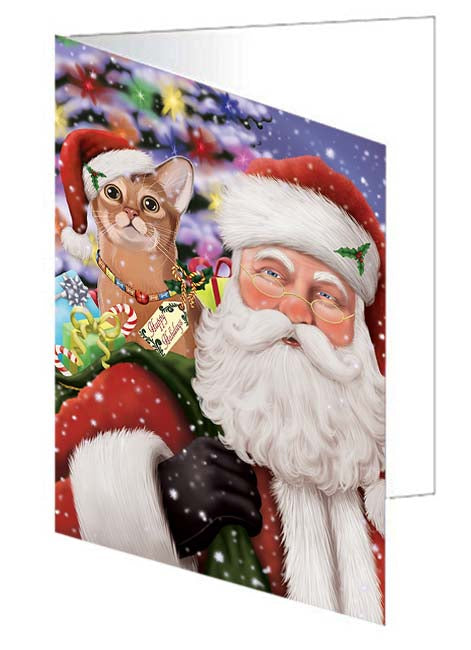 Santa Carrying Abyssinian Cat and Christmas Presents Handmade Artwork Assorted Pets Greeting Cards and Note Cards with Envelopes for All Occasions and Holiday Seasons GCD70937