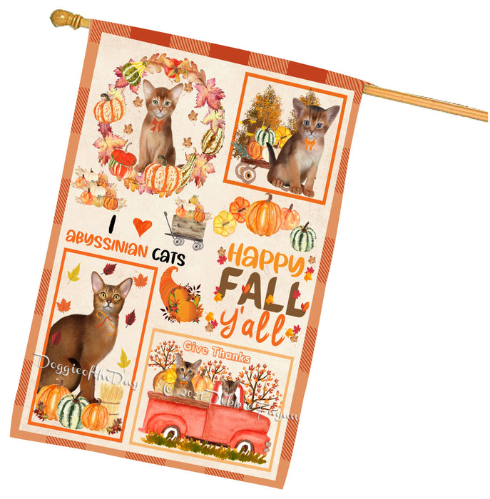 Happy Fall Y'all Pumpkin Abyssinian Cats House Flag Outdoor Decorative Double Sided Pet Portrait Weather Resistant Premium Quality Animal Printed Home Decorative Flags 100% Polyester