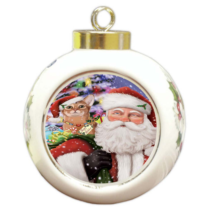 Santa Carrying Abyssinian Cat and Christmas Presents Round Ball Christmas Ornament RBPOR55830