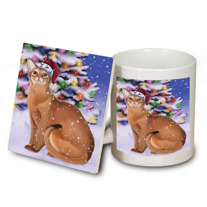 Winterland Wonderland Abyssinian Cat In Christmas Holiday Scenic Background Mug and Coaster Set MUC55666
