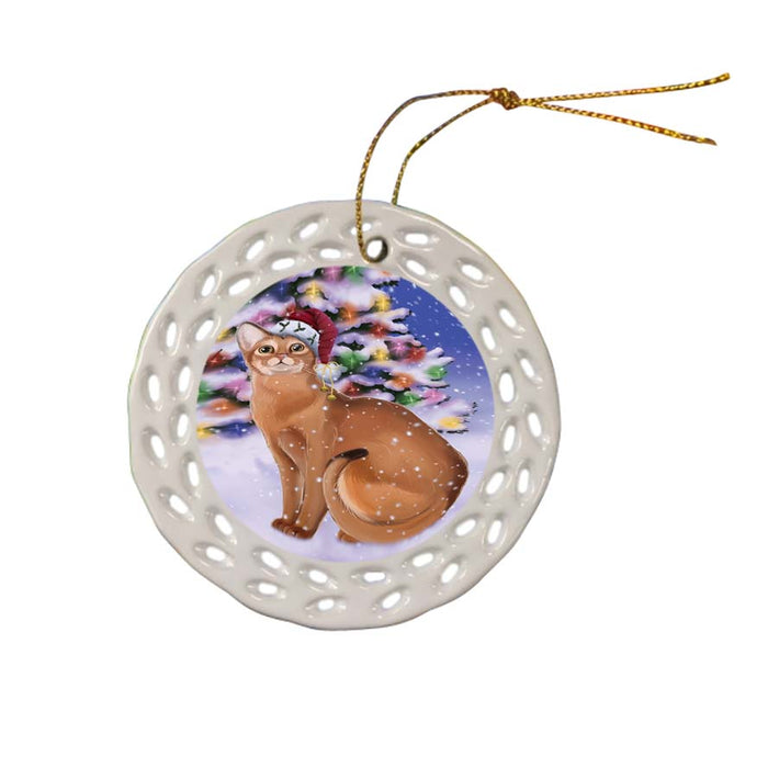 Winterland Wonderland Abyssinian Cat In Christmas Holiday Scenic Background Ceramic Doily Ornament DPOR56030