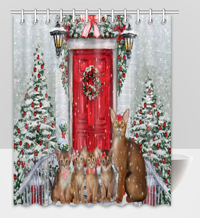 Christmas Holiday Welcome Abyssinian Cats Shower Curtain Pet Painting Bathtub Curtain Waterproof Polyester One-Side Printing Decor Bath Tub Curtain for Bathroom with Hooks