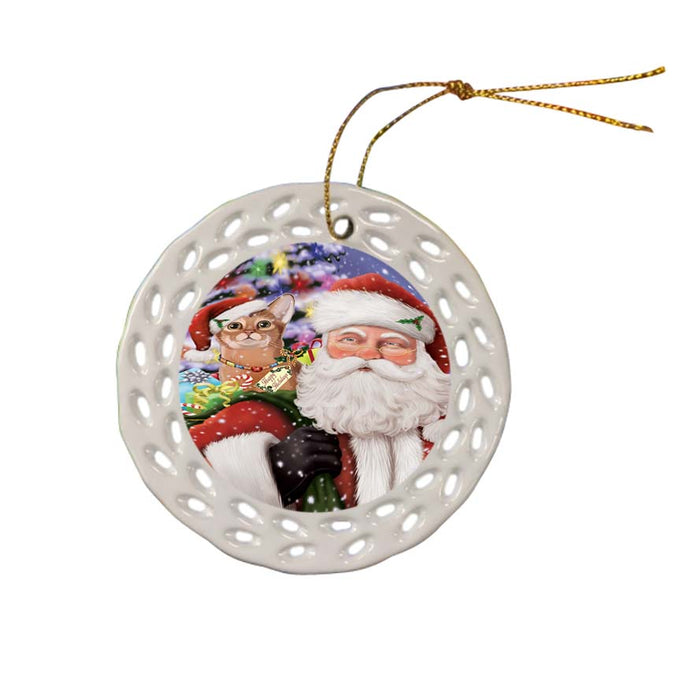 Santa Carrying Abyssinian Cat and Christmas Presents Ceramic Doily Ornament DPOR55830