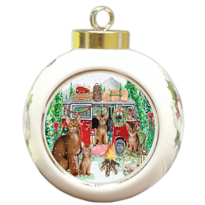 Christmas Time Camping with Abyssinian Cats Round Ball Christmas Ornament Pet Decorative Hanging Ornaments for Christmas X-mas Tree Decorations - 3" Round Ceramic Ornament