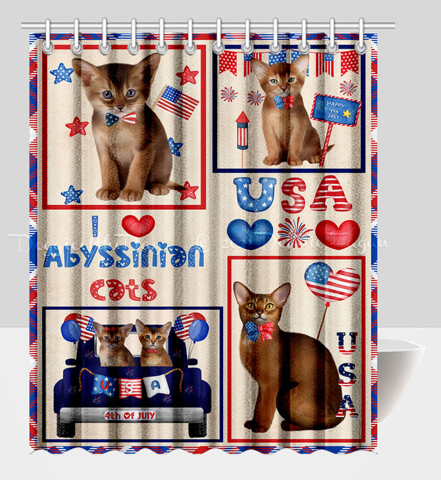 4th of July Independence Day I Love USA Abyssinian Cats Shower Curtain Pet Painting Bathtub Curtain Waterproof Polyester One-Side Printing Decor Bath Tub Curtain for Bathroom with Hooks
