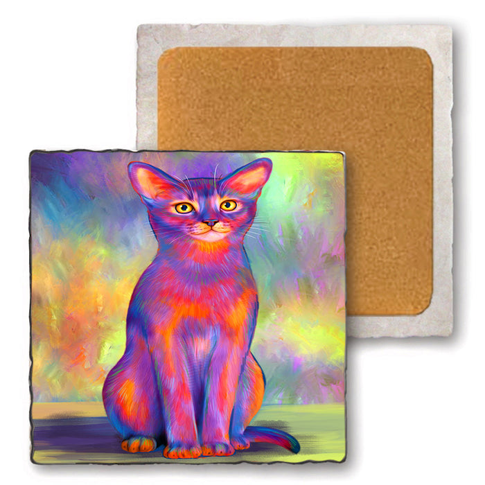 Paradise Wave Abyssinian Cat Set of 4 Natural Stone Marble Tile Coasters MCST51681