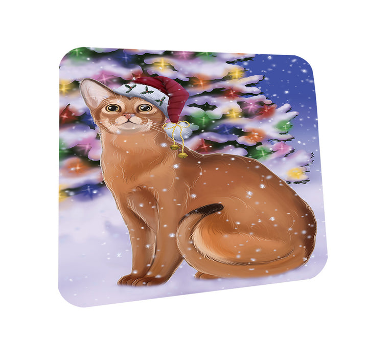 Winterland Wonderland Abyssinian Cat In Christmas Holiday Scenic Background Coasters Set of 4 CST55632
