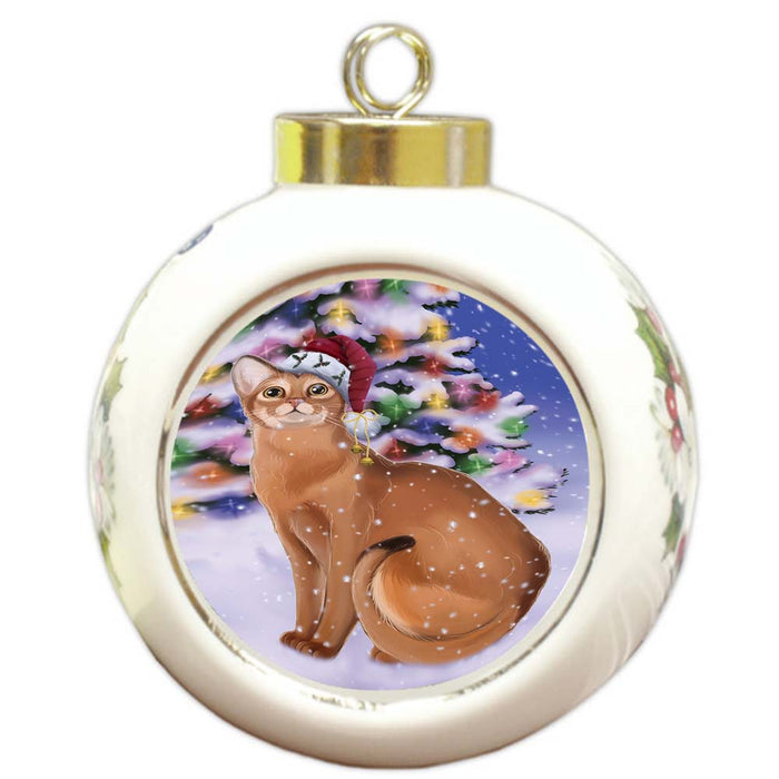 Winterland Wonderland Abyssinian Cat In Christmas Holiday Scenic Background Round Ball Christmas Ornament RBPOR56030