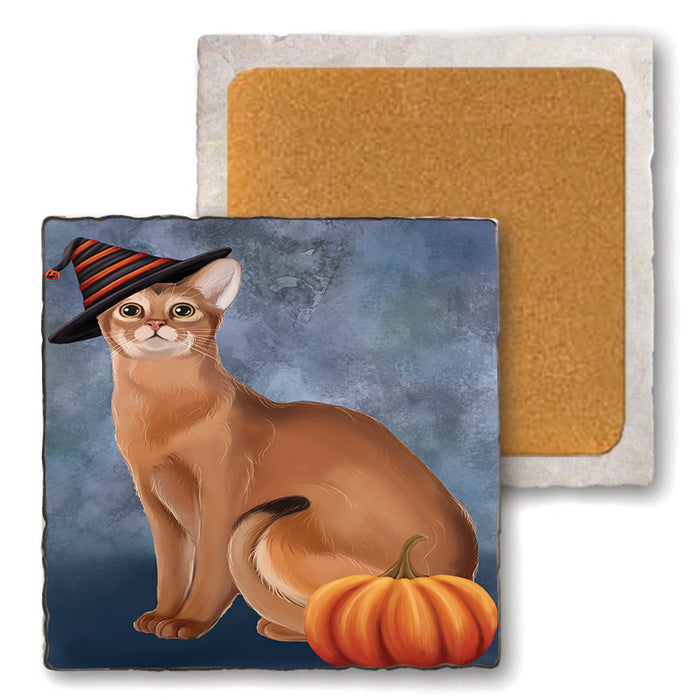 Happy Halloween Abyssinian Cat Wearing Witch Hat with Pumpkin Set of 4 Natural Stone Marble Tile Coasters MCST49911
