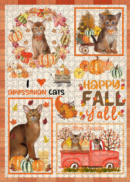 Happy Fall Y'all Pumpkin Abyssinian Cats Portrait Jigsaw Puzzle for Adults Animal Interlocking Puzzle Game Unique Gift for Dog Lover's with Metal Tin Box