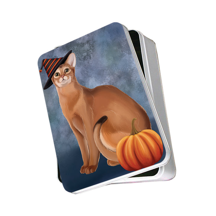Happy Halloween Abyssinian Cat Wearing Witch Hat with Pumpkin Photo Storage Tin PITN54854