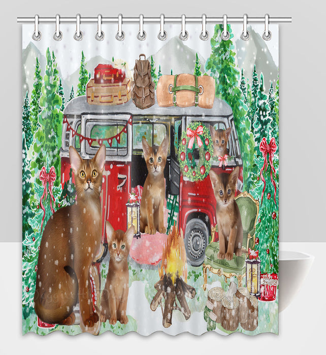 Christmas Time Camping with Abyssinian Cats Shower Curtain Pet Painting Bathtub Curtain Waterproof Polyester One-Side Printing Decor Bath Tub Curtain for Bathroom with Hooks