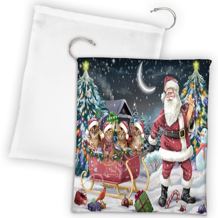 Santa Sled Dogs Christmas Happy Holidays Abyssinian Cats Drawstring Laundry or Gift Bag LGB48653