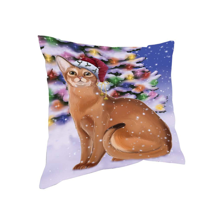 Winterland Wonderland Abyssinian Cat In Christmas Holiday Scenic Background Pillow PIL71624