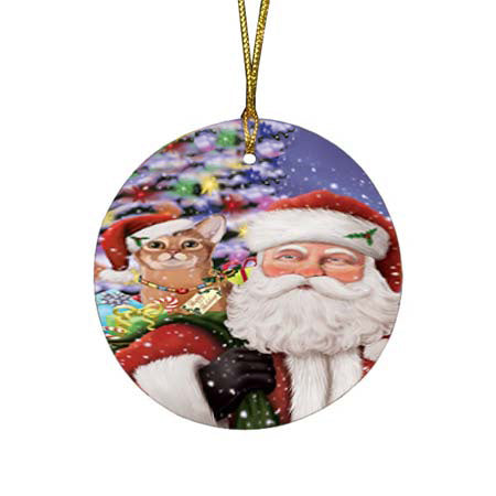 Santa Carrying Abyssinian Cat and Christmas Presents Round Flat Christmas Ornament RFPOR55830