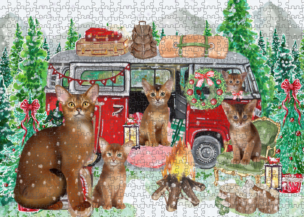 Christmas Time Camping with Abyssinian Cats Portrait Jigsaw Puzzle for Adults Animal Interlocking Puzzle Game Unique Gift for Dog Lover's with Metal Tin Box