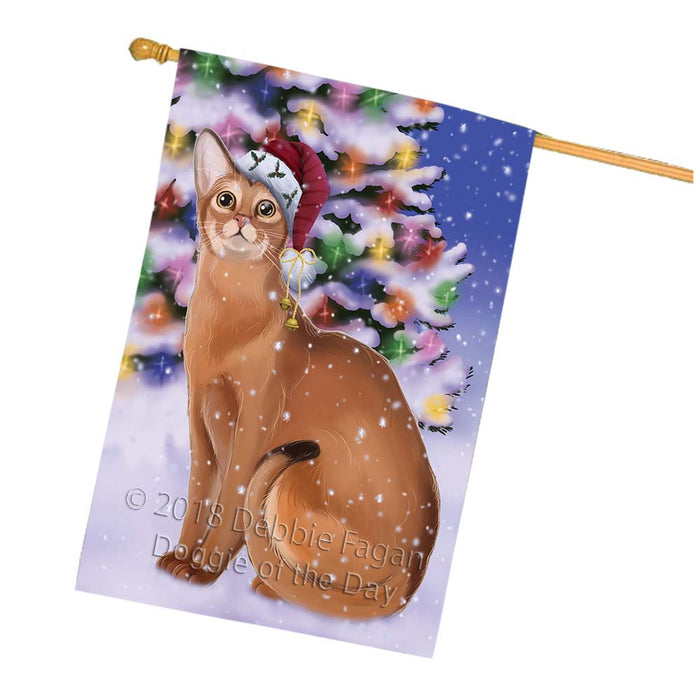 Winterland Wonderland Abyssinian Cat In Christmas Holiday Scenic Background House Flag FLG56103