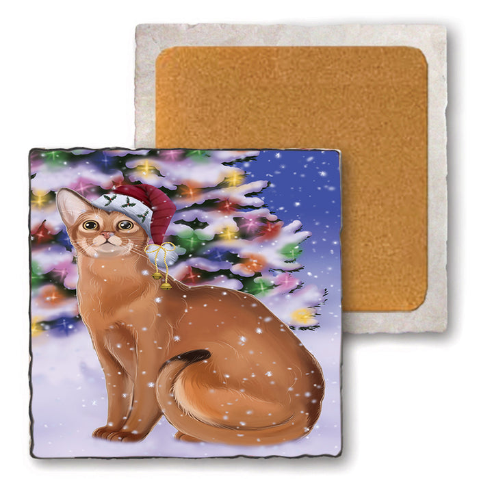 Winterland Wonderland Abyssinian Cat In Christmas Holiday Scenic Background Set of 4 Natural Stone Marble Tile Coasters MCST50674