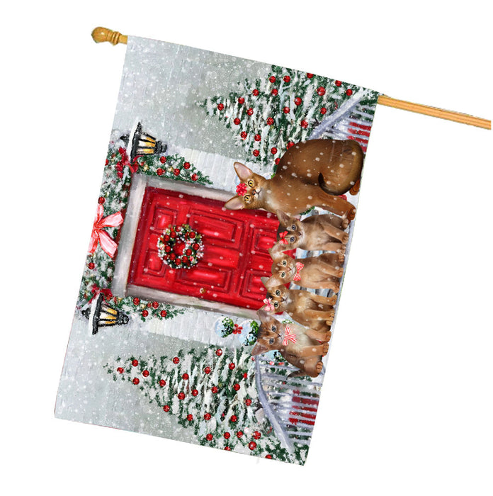Christmas Holiday Welcome Abyssinian Cats House Flag Outdoor Decorative Double Sided Pet Portrait Weather Resistant Premium Quality Animal Printed Home Decorative Flags 100% Polyester