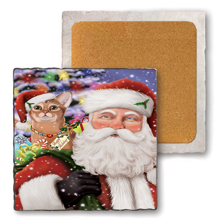 Santa Carrying Abyssinian Cat and Christmas Presents Set of 4 Natural Stone Marble Tile Coasters MCST50474