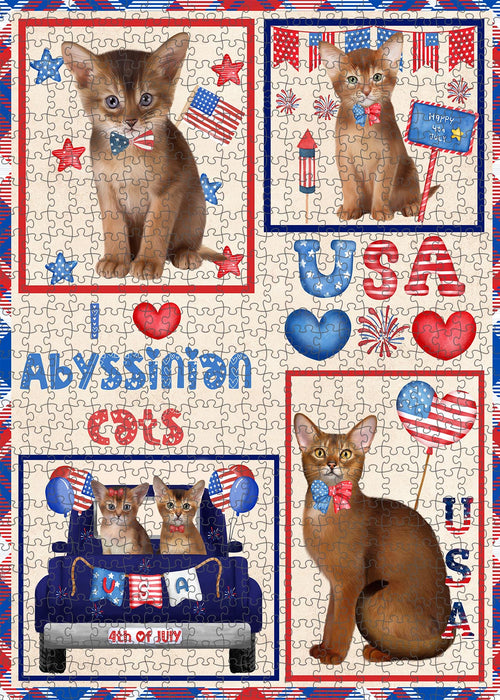 4th of July Independence Day I Love USA Abyssinian Cats Portrait Jigsaw Puzzle for Adults Animal Interlocking Puzzle Game Unique Gift for Dog Lover's with Metal Tin Box