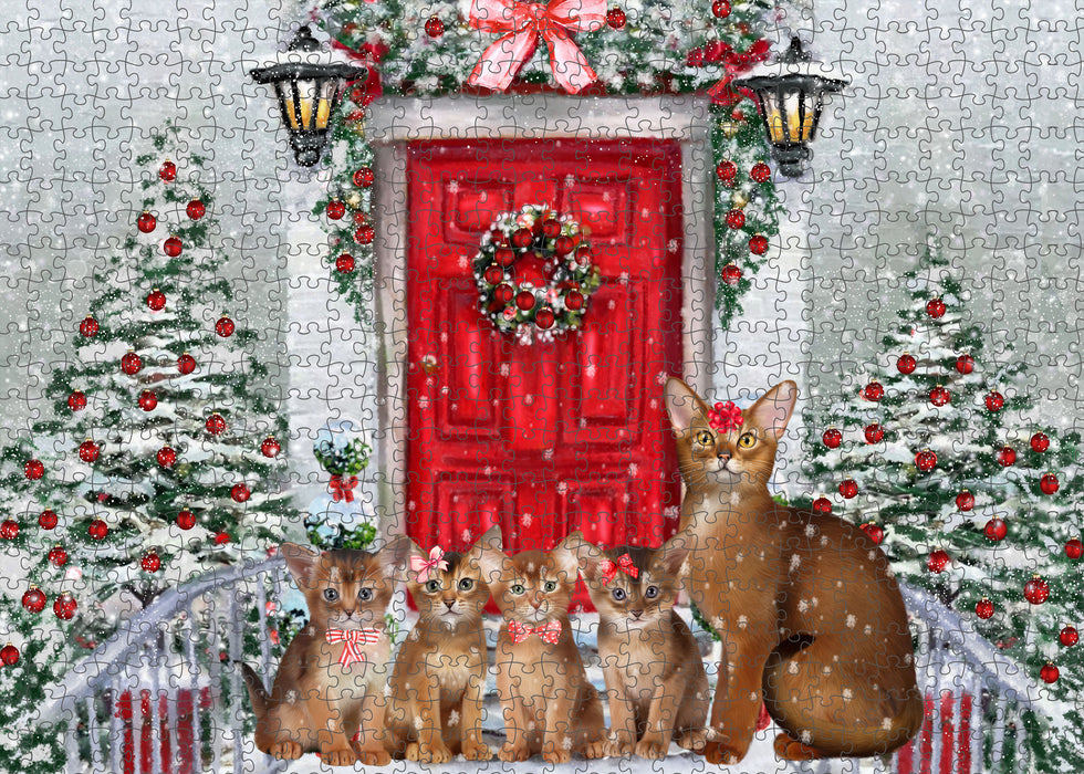 Christmas Holiday Welcome Abyssinian Cats Portrait Jigsaw Puzzle for Adults Animal Interlocking Puzzle Game Unique Gift for Dog Lover's with Metal Tin Box