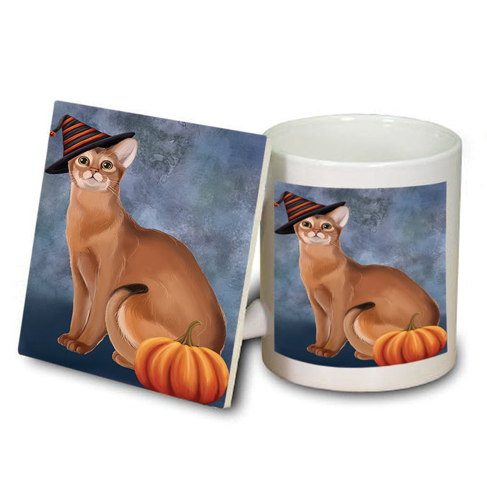 Happy Halloween Abyssinian Cat Wearing Witch Hat with Pumpkin Mug and Coaster Set MUC54903