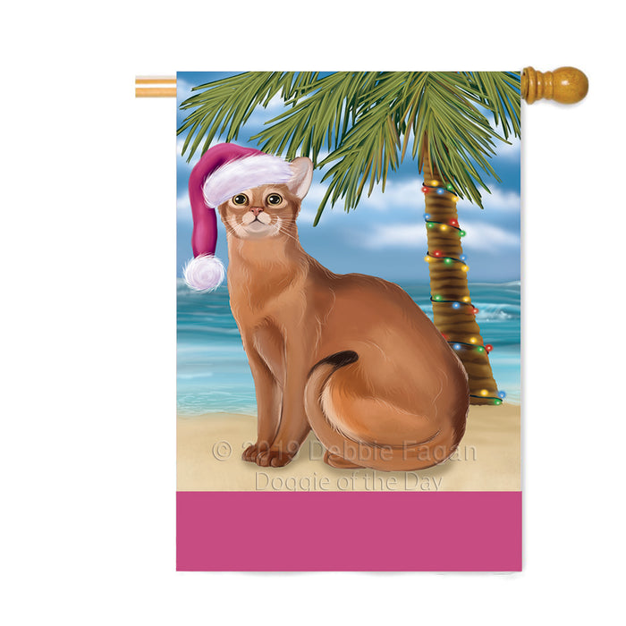 Personalized Summertime Happy Holidays Christmas Abyssinian Cat on Tropical Island Beach Custom House Flag FLG-DOTD-A60414
