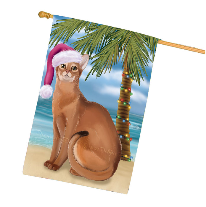 Christmas Summertime Beach Abyssinian Cat House Flag Outdoor Decorative Double Sided Pet Portrait Weather Resistant Premium Quality Animal Printed Home Decorative Flags 100% Polyester FLG68627