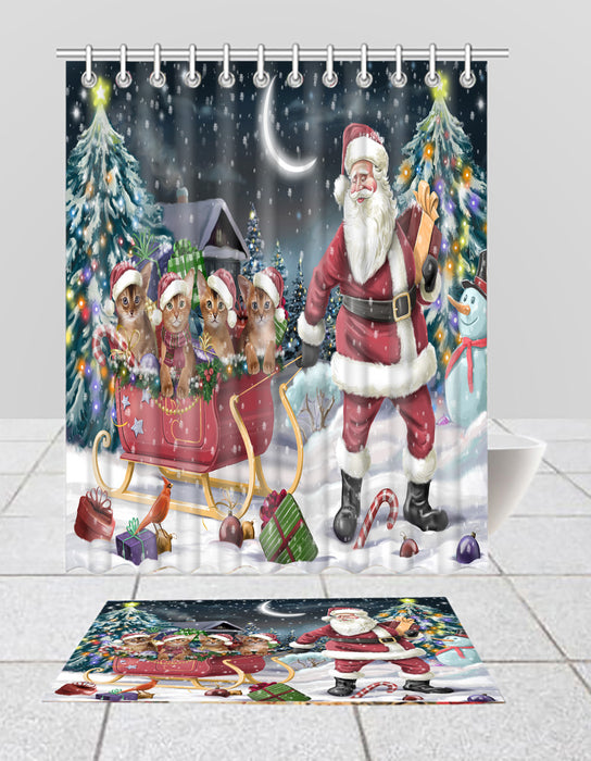 Santa Sled Dogs Christmas Happy Holidays Abyssinian Cats Bath Mat and Shower Curtain Combo