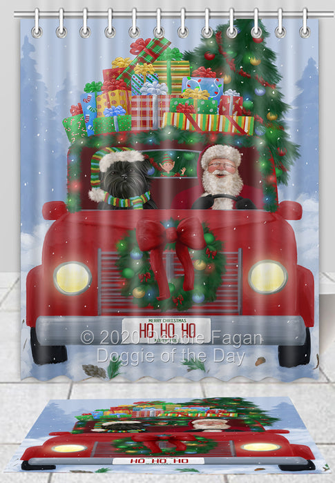 Christmas Honk Honk Red Truck Here Comes with Santa and Affenpinscher Dog Bath Mat and Shower Curtain Combo
